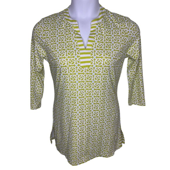 J. McLaughlin Womens Medium Geometrical Print 3/4 Sleeve Stretch Pullover Blouse - Picture 1 of 16